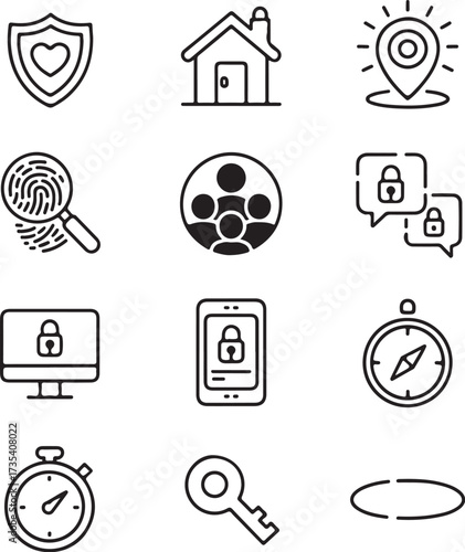 Nine Diverse Family Safety Icons on White Background icon set security