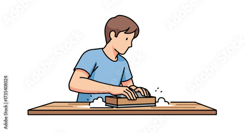 Illustration of a person smoothing wood with a hand plane on a workbench showcasing woodworking craftsmanship and manual labor skills