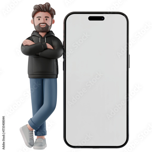 Cartoon Man Leaning on Mobile Phone on Transparent Background Mockup for Design