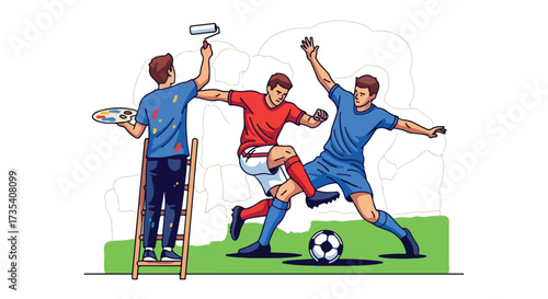 Artistic Representation of Soccer Game: A Mural in Progress Showcasing Sporting Passion and Creativity