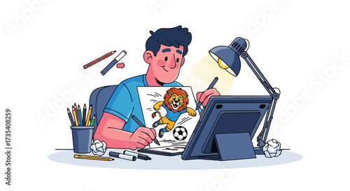 Young artist creating a cartoon lion playing soccer on a digital tablet with traditional drawing tools on the desk