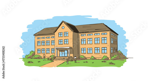 A large, yellow school building with multiple windows and a brown roof, surrounded by greenery and a clear blue sky