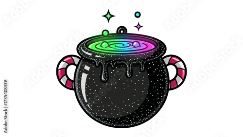 Enchanted Cauldron of Magic: A whimsically illustrated cauldron steams with vibrant, colorful potion. It is an image about Halloween, magic, enchantment, and mystical wonder