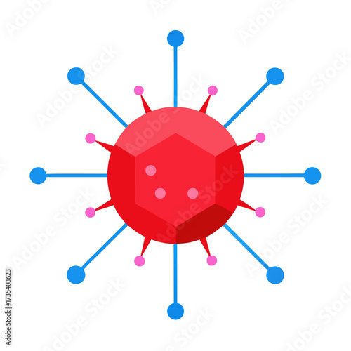 Red Virus Cell with Blue Spike Proteins and Molecular Connections Vector Illustration