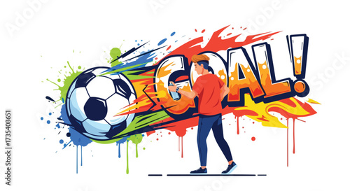 Vibrant soccer illustration of a street artist creating a 'Goal!' mural with a dynamic football design