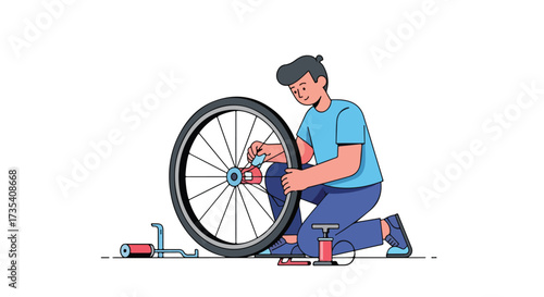 Illustration depicting a cyclist meticulously repairing a bicycle tire with focused concentration and necessary maintenance tools for ensuring