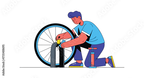 Cyclist diligently repairing a flat tire on their bicycle using tools and a pump in an illustration style