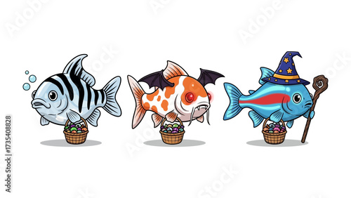 Whimsical Aquatic Trio: A vibrant and artistic depiction of three unique fish, each adorned in whimsical attire. One wonders, one wears bat wings, and one a wizard's hat with a magic wand.