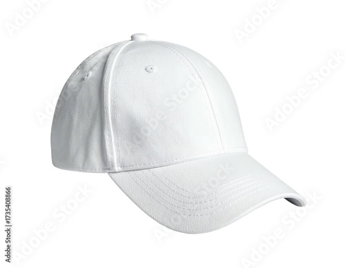 A crisp, bright white baseball cap with a curved bill, side view, isolated