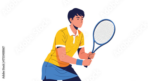 Focused tennis player illustration, ready to serve during an animated tennis match on a bright sunny day with simple details and modern design