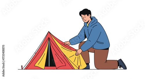 Illustrative depiction of a man setting up a vibrant tent for a camping adventure outdoors showcasing preparation and recreational activities in