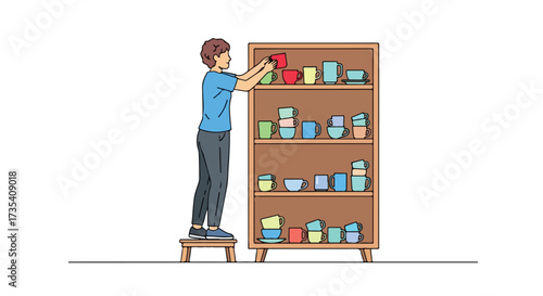 A person arranges a variety of colorful cups on shelves, standing on a stool to reach the upper levels, showcasing home organization and interior