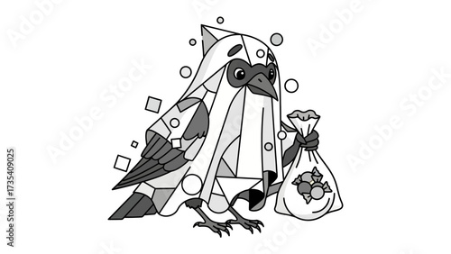 Mysterious Raven in Costume: An adorable raven in a cloak carrying bag of magical treat, blending whimsy and fantasy in a monochrome illustration.