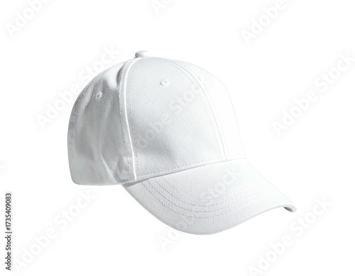 Bright white baseball cap with a curved visor, angled to the left