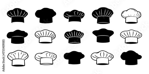 Silhouettes set of chef hats in various styles, arranged in three rows. Each hat showcases unique design elements, evoking a culinary theme,
