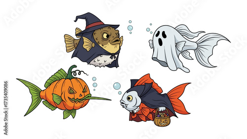Spooky Underwater: A collection of whimsical fish transforms into Halloween characters, from a ghostly apparition to a pumpkin-themed fish, a delightful celebration of All Hallow's Eve.