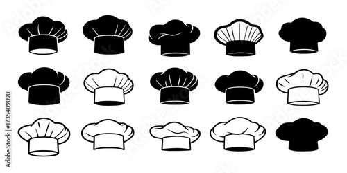Silhouettes set of chef hats in various styles, arranged in three rows. Each hat showcases unique design elements, evoking a culinary theme,
