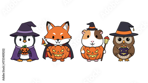 Halloween Friends: A whimsical illustration features a charming ensemble of dressed up critters. The image portrays a festive scene of animal in Halloween costume. 