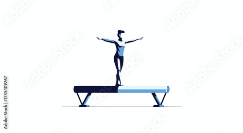 An illustration of a gymnast demonstrating balance, strength and agility skills on a two toned balance beam in a modern style