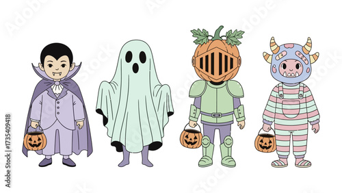 Halloween Characters in Costume: Adorable figures dressed in festive costumes, including a charming vampire, a ghostly apparition, a pumpkin-headed knight, and a monster.