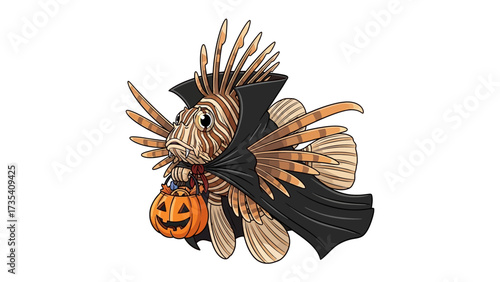 Spooky lionfish in Halloween costume: A whimsical lionfish in a costume with a pumpkin bag, embracing the playful spirit of Halloween with a spooky yet adorable charm.