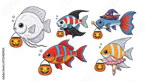 Halloween Fish Cartoon: A whimsical illustration depicts a group of charming cartoon fish, each dressed in festive costumes and carrying pumpkin baskets, ready for a playful Halloween celebration.
