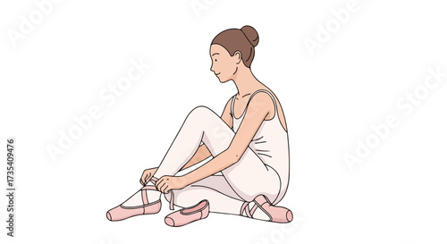 Graceful beginning: Ballerina prepares for dance tying her ribbons with poised dedication and silent reflection before the show commences