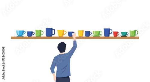 Man reaching for a colorful cup from a shelf full of various mugs in minimalist design illustration