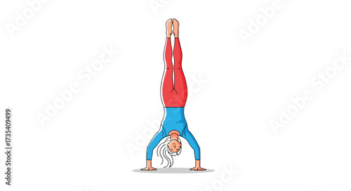 Woman in handstand position demonstrating fitness strength and body balance skill, conceptual pose perfect for yoga fitness classes and active