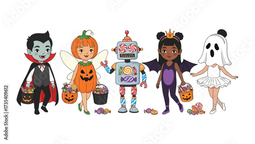 Enchanting Halloween Parade: A whimsical ensemble of charming costumed characters. The scene bursts with a celebration of Halloween and childhood imagination.