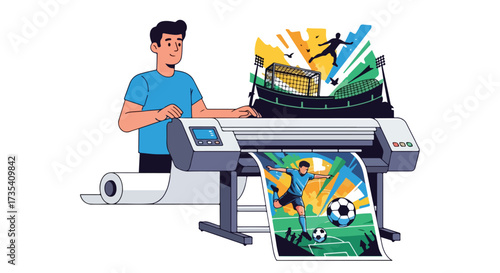 Professional graphic designer overseeing the vibrant printing of dynamic sporting visuals on a large format printer to showcase high-resolution