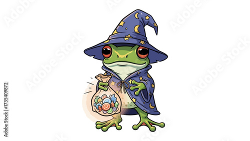 Wizard Frog with Candy Bag: A charming and whimsical illustration features a wizard frog holding a candy bag, exuding magic and delight.