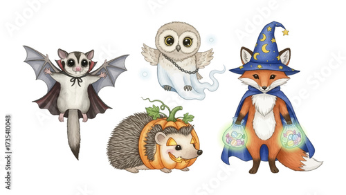 Magical Creature Collection: Whimsical illustrations of a playful vampire sugar glider, a cute ghost owl, a spell-casting fox, and a pumpkin hedgehog ready for the holiday