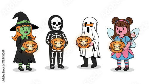 Spirited Halloween Gathering: A gathering of children joyfully embrace Halloween, donning a vibrant assortment of costumes. A witch, skeleton, ghost.