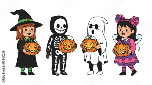 Children's Halloween Joy: Four children, each adorned in vibrant costumes, gleefully hold carved pumpkins, embodying the festive spirit of Halloween with a whimsical touch.
