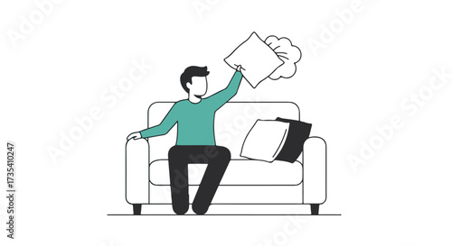 Whimsical pillow fight scene on a minimalist sofa with a man having fun in an outlined design