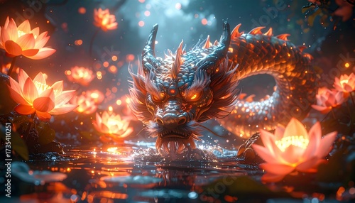Mystical Fantasy Dragon With Lotus Flowers In A Serene Water Garden