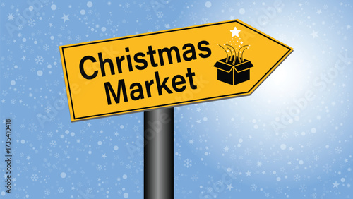 Christmas Market Direction Sign Vector on Snowy Winter Background.