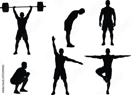 Silhouette fitness exercises, weightlifting squat, stretching posture, yoga balance, workout routine,