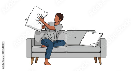 Expressive illustration captures a moment of playful relaxation indoors, showcasing a casual scene on a comfortable couch perfect for home decor or