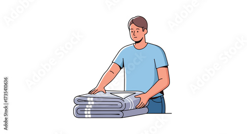 Man neatly folding fresh laundry with focused expression, showcasing domestic chores and organized living, isolated against a clean white background