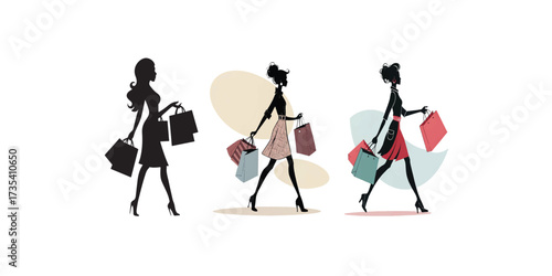 Print  Stylish Lady with Shopping Bags Silhouette Vector