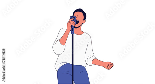 Energetic vocalist passionately performing live on stage with a vintage microphone, connecting with the audience through emotive singing