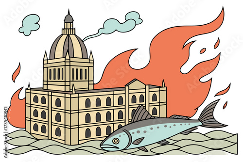 Building on fire with fish and waves