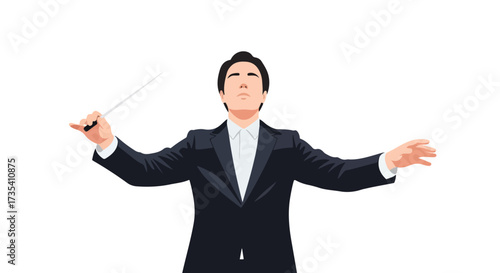 Vector illustration of a maestro leading an orchestra with baton in a classical music performance posture on an isolated white background showcasing