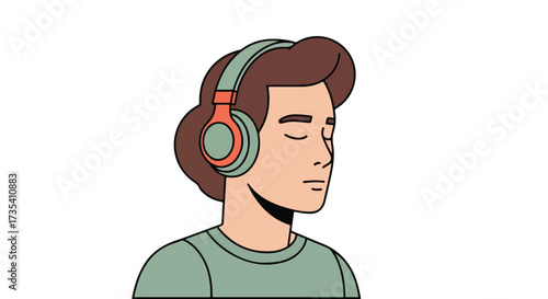 Animated man with headphones in a state of relaxation and contentment with a plain background for emphasis and focus of subject matter