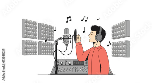 Singer performing in recording studio surrounded by soundproofing panels and music notes for music production and creative arts