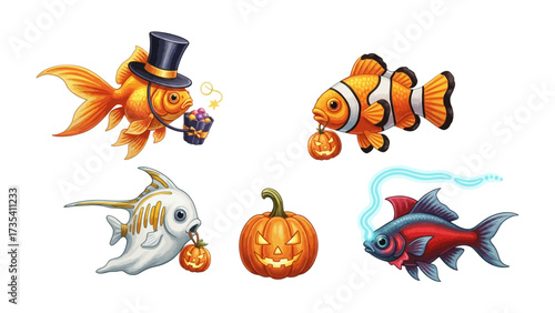 Spooky Sea Friends: Five adorable sea friends, transformed with Halloween flair, bring the spirit of the holiday with jack-o'-lanterns and eerie accessories, inviting viewers to dive into a playful.