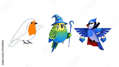 Whimsical Avian Trio: Three vibrant, stylized birds, including a European Robin, a wizardly Budgie, and a masked Blue Jay, stand ready, each with their own unique charm.