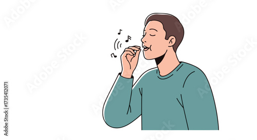 Illustration of a man whistling a tune with musical notes, expressing joy and simple contentment on a clean white background
